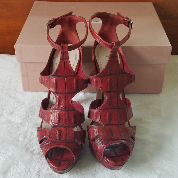 Miu Miu Shoes - Miu Miu Brick Red Croc Embossed Stilletto Sandals